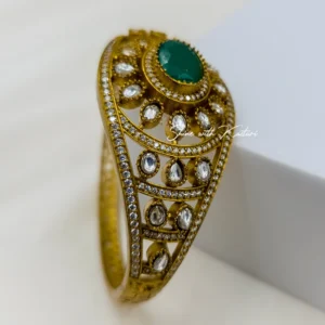 Alternative view of Antique Gold-Plated Kundan Bangle with Green Stone
