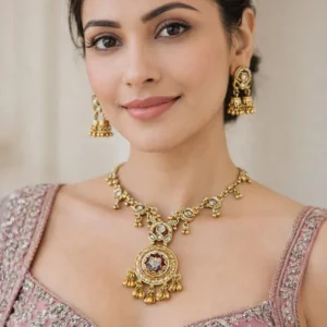 Alternative view of Kundan Circular Motif Necklace & Chandbali Jhumka Set