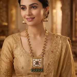 Alternative view of Royal Long Necklace with Kundan & Stones, Green