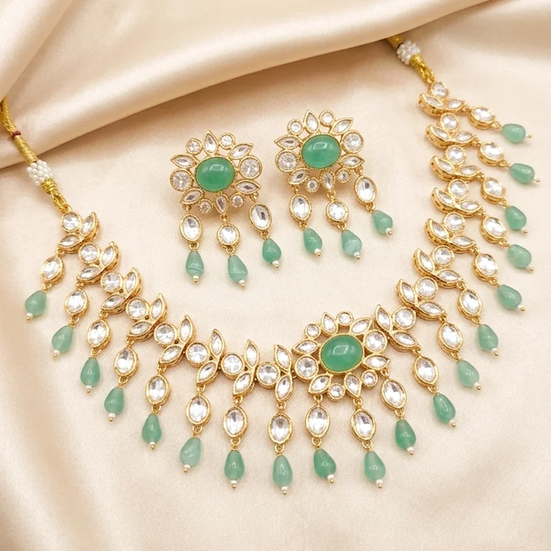 Kundan Floral Gold-Plated Necklace & Drop Earrings - Image 2