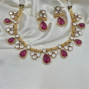 Smita Necklace Set with Premium Polki, Pink