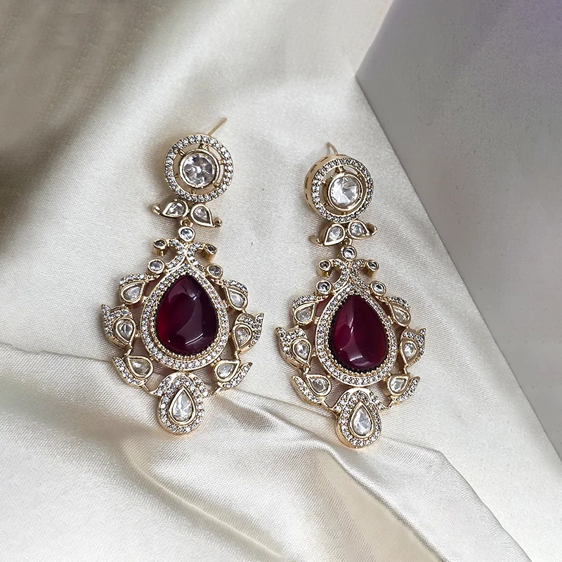 Long Kundan Necklace with Stone, Red - Image 3