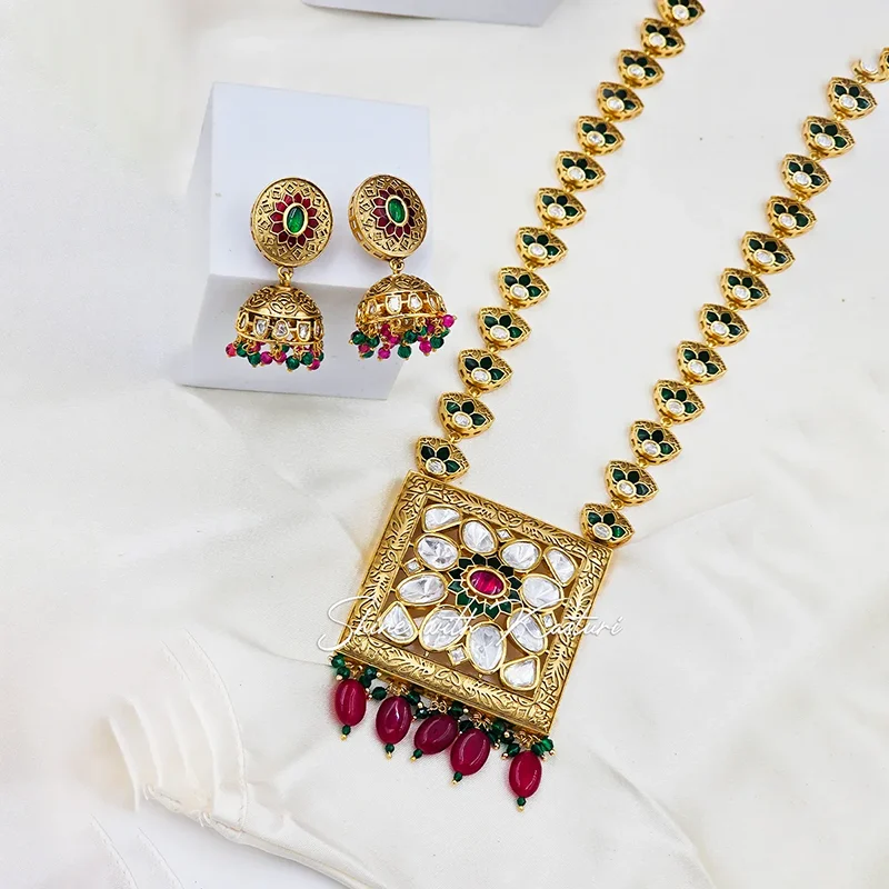 Royal Long Necklace with Kundan & Stones, Ruby - Image 2