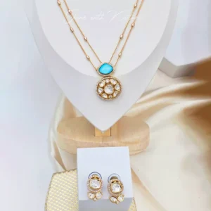 Alternative view of Marble Moissanite Double Layer Pendant Necklace, Blue