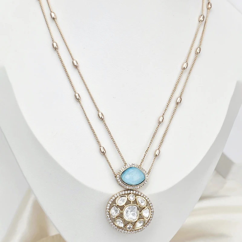 Marble-Moissanite-Double-Layer-Pendant-Necklace,-Blue