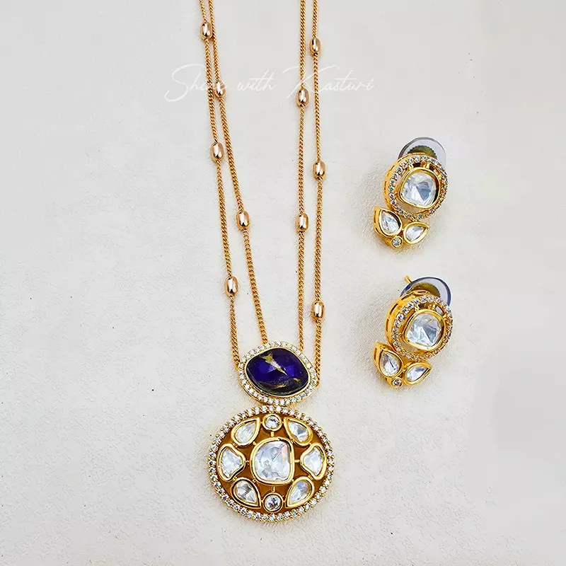 Marble Moissanite Double Layer Pendant Necklace, Dark Blue