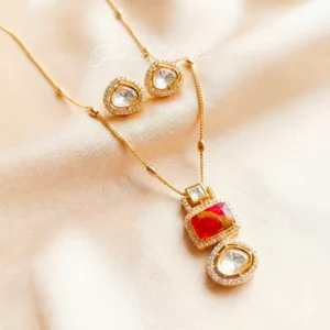 Moissanite Triple Drop Gold Pendant Set, Ruby