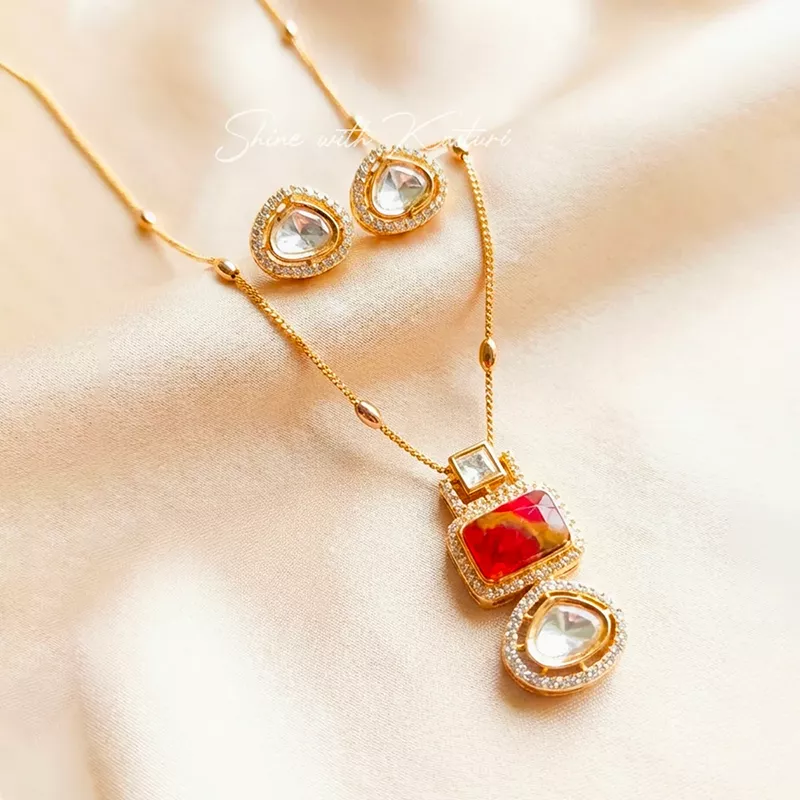 Moissanite Triple Drop Gold Pendant Set, Ruby