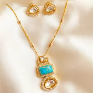 Moissanite Triple Drop Gold Pendant Set, Turquoise