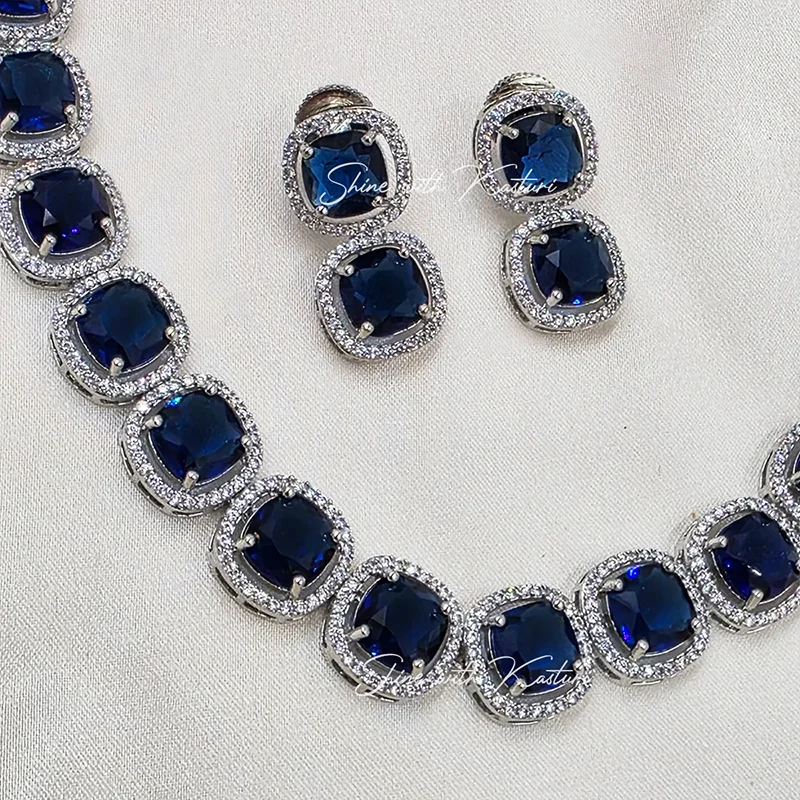 Shaya American Diamond Necklace with Stones, Blue - Image 4