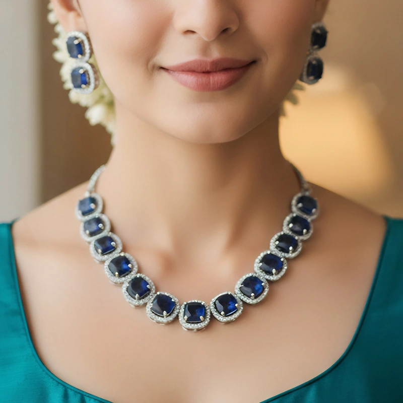 Shaya American Diamond Necklace with Stones, Blue