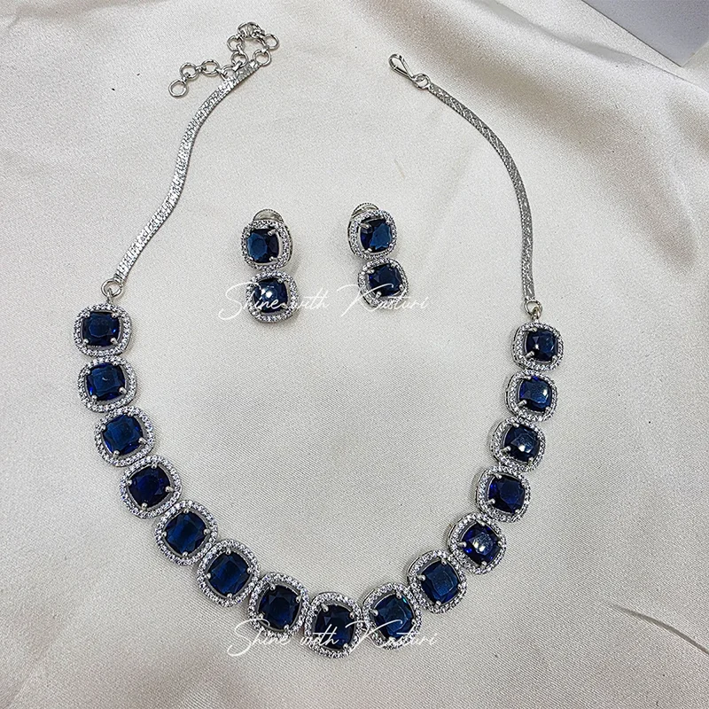 Shaya American Diamond Necklace with Stones, Blue - Image 2