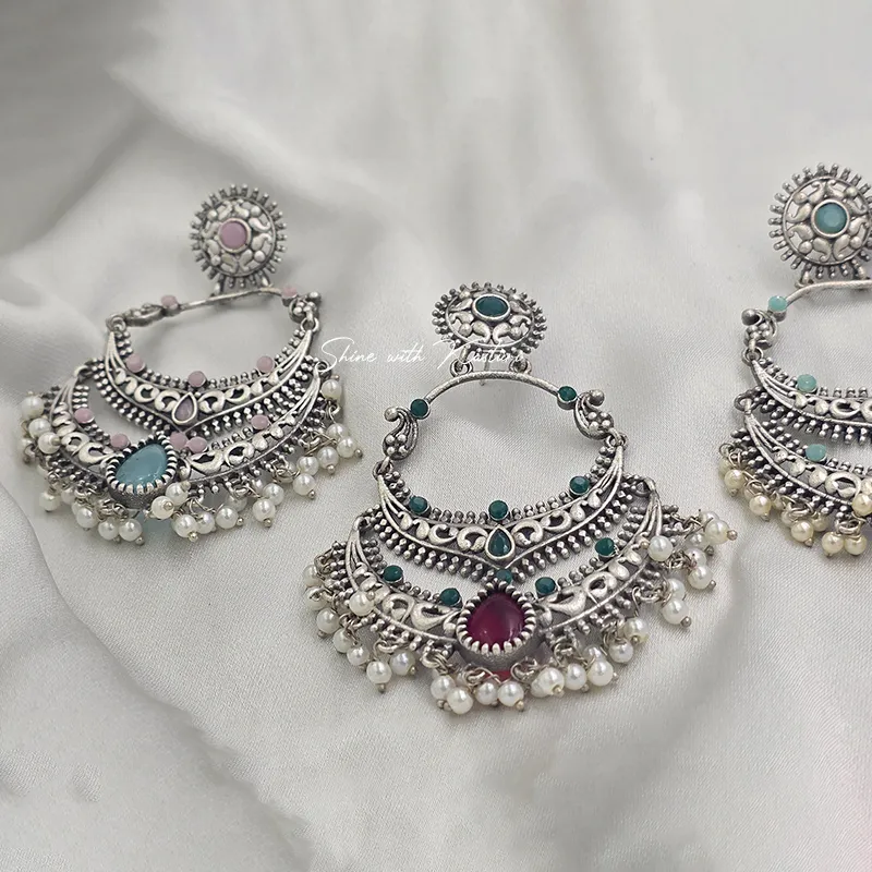 Oxidized Silver Chandbali Earrings with Pearl Drops - Image 4