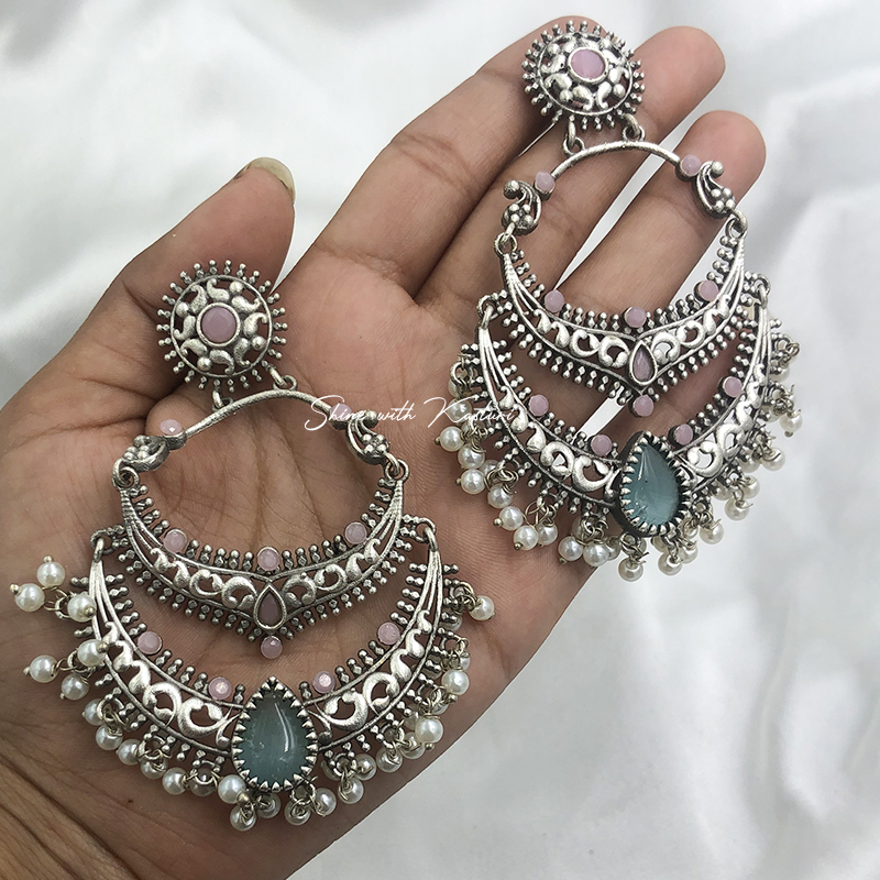 Oxidized Silver Chandbali Earrings with Pearl Drops - Image 5