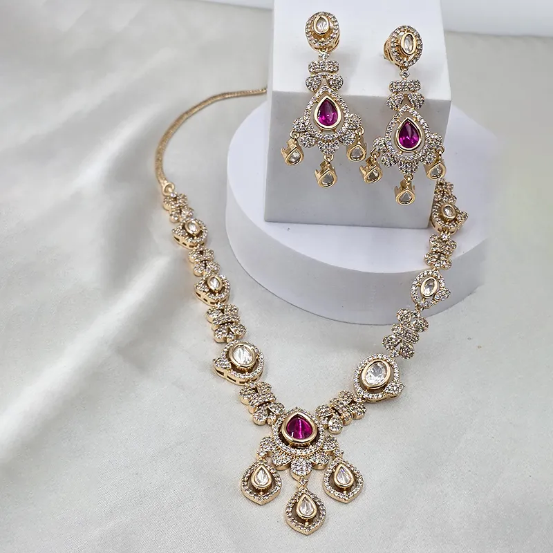Ruby Teardrop Bridal Necklace Set with CZ - Image 3