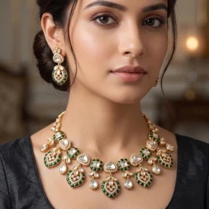 Drop Kundan Necklace Set with Earrings, Green