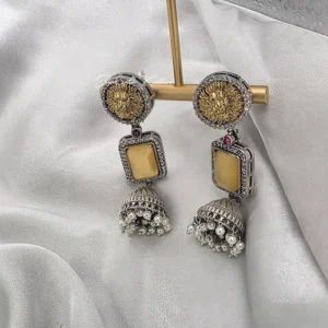 Alternative view of Dual-Tone Motif Jhumka Earrings with Citrine Stone