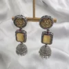 Dual-Tone Motif Jhumka Earrings with Citrine Stone