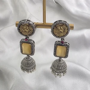 Dual-Tone Motif Jhumka Earrings with Citrine Stone