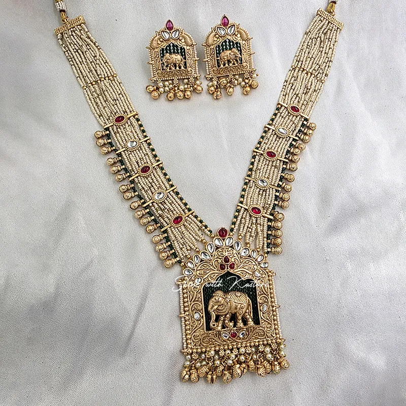 Elephant Pearl Necklace Set with Earrings