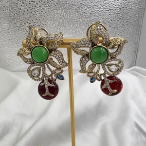 Alternative view of Floral Polki Stud Earrings with Green & Ruby Stone