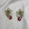 Floral Polki Stud Earrings with Green & Ruby Stone