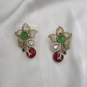 Floral Polki Stud Earrings with Green & Ruby Stone