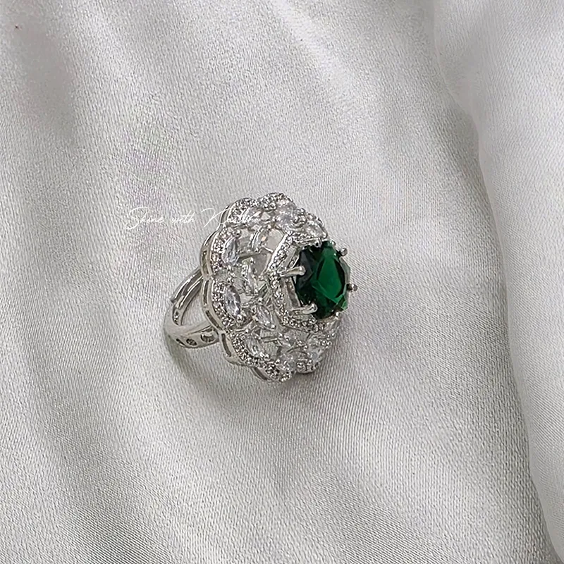 Green Crystal Floral Statement Ring - Image 2