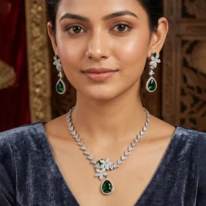 Green Drop Necklace Set with Earrings