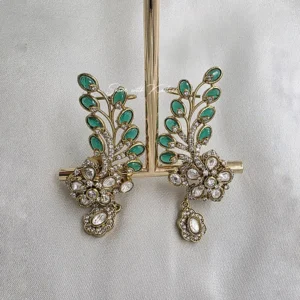 Green Leaf Polki Dangle Earrings with Floral Crystal