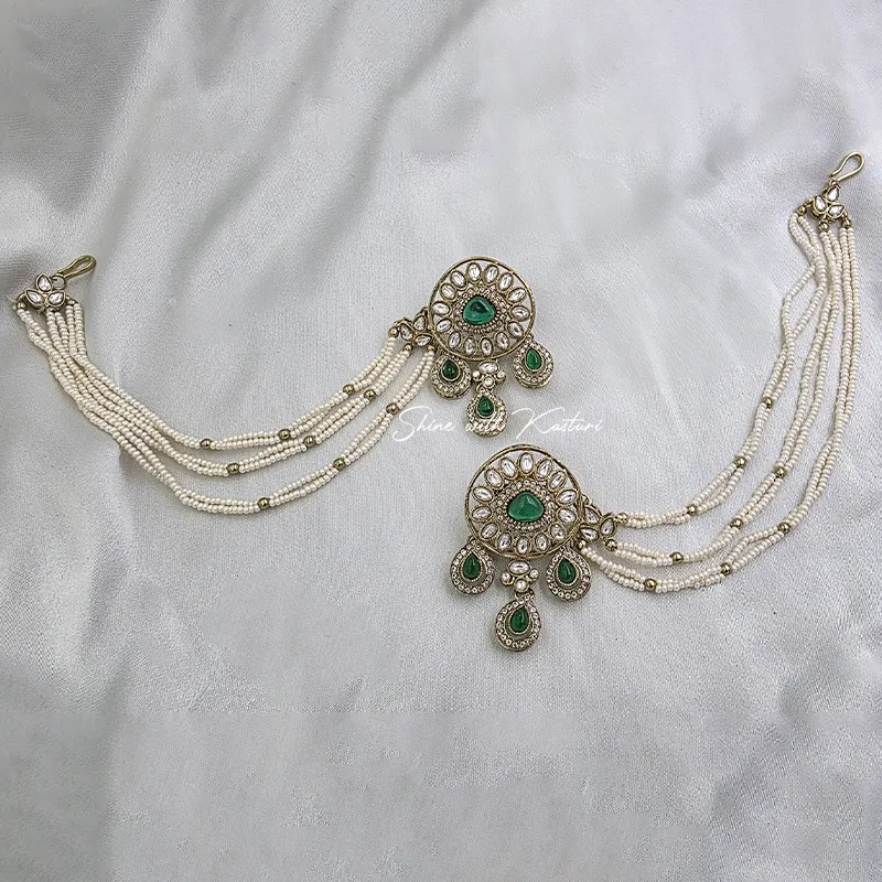 Royal Emerald Kundan Choker Set with Pearl Strings - Image 4
