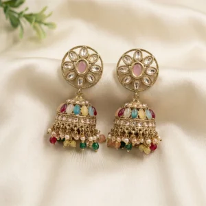 Multicolor Kundan Jhumka Earrings with Floral Stud