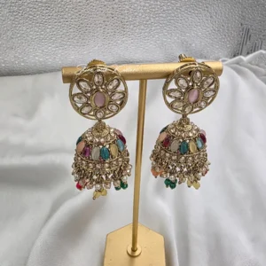 Multicolor Kundan Jhumka Earrings with Floral Stud