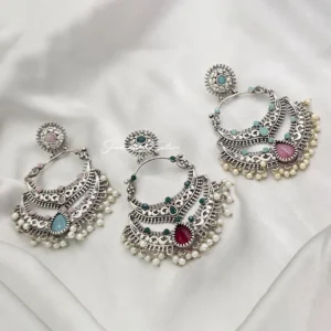 Alternative view of Oxidized Silver Chandbali Earrings with Pearl Drops