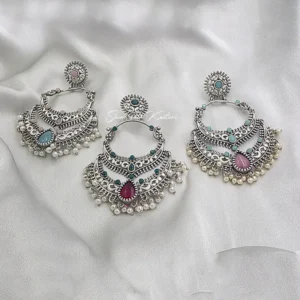 Oxidized Silver Chandbali Earrings with Pearl Drops