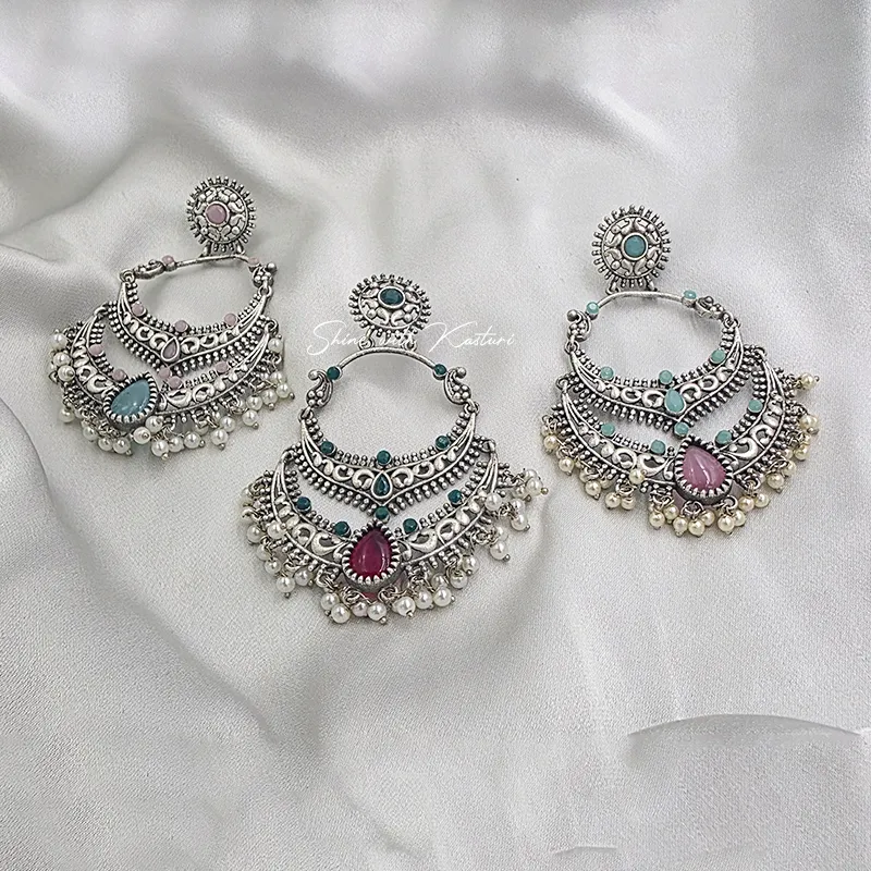 Oxidized Silver Chandbali Earrings with Pearl Drops