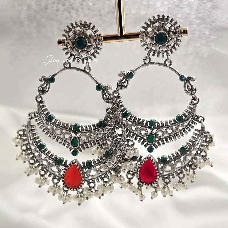 Oxidized Silver Chandbali Earrings with Pearl Drops - Image 3
