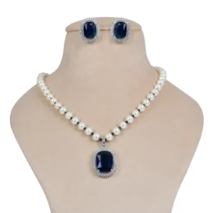 Pearl Necklace Set with Amethyst Pendant & Stud Earrings