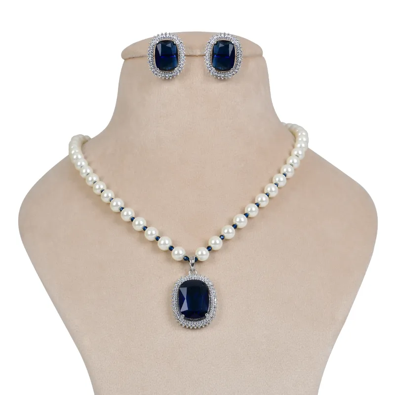 Pearl Necklace Set with Amethyst Pendant & Stud Earrings