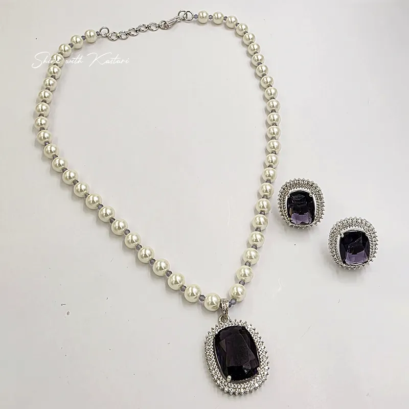 Pearl Necklace Set with Amethyst Pendant & Stud Earrings - Image 2