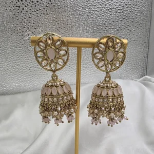 Pink Kundan Jhumka Earrings with Floral Stud