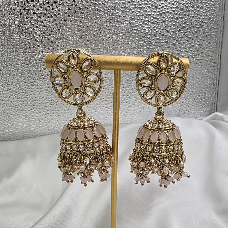 Pink Kundan Jhumka Earrings with Floral Stud