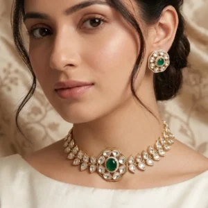 Polki Floral Necklace Set, Green