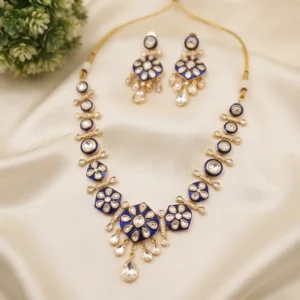 Alternative view of Riva Polki Meenakari Necklace Set, Blue