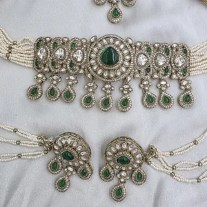 Alternative view of Royal Emerald Kundan Choker Set with Pearl Strings