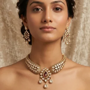 Royal Kundan Choker Set with Teardrop Earrings, Red