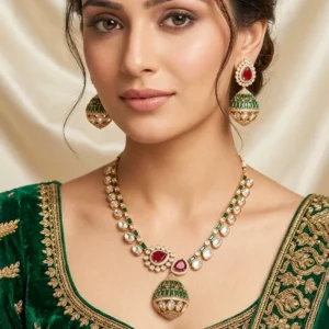 Royal Kundan Pendant Necklace Set, Ruby