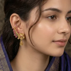 Ruby Leaf Polki Dangle Earrings with Floral Crystal