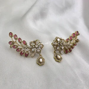 Ruby Leaf Polki Dangle Earrings with Floral Crystal