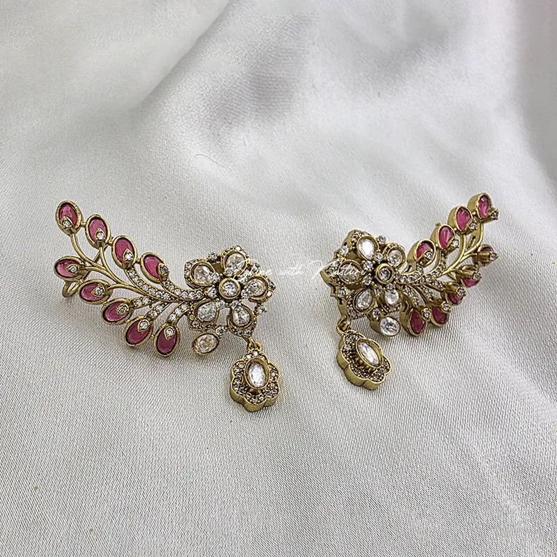 Ruby Leaf Polki Dangle Earrings with Floral Crystal